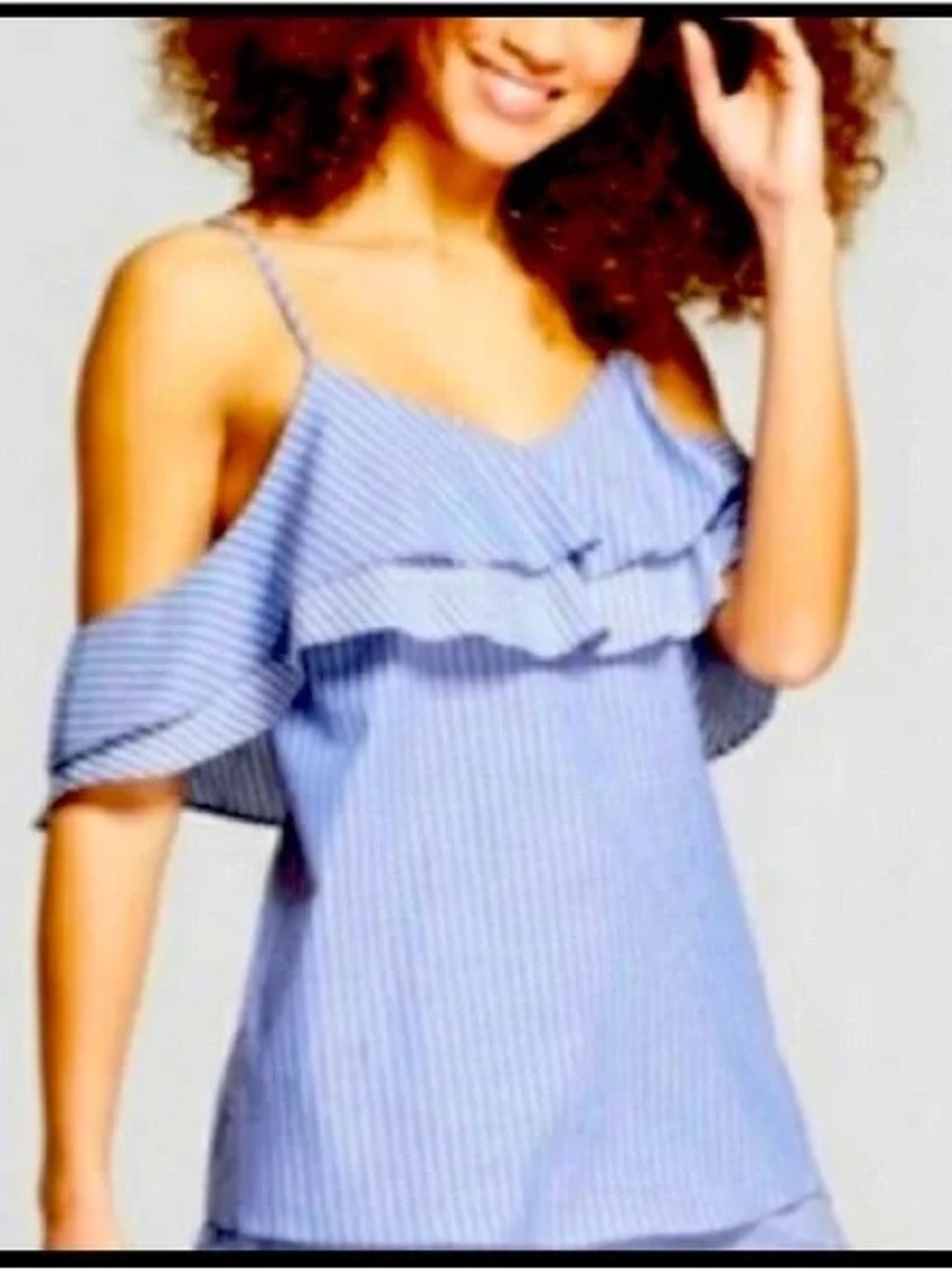 A New day Light Blue and White Striped Ruffle Cold-Shoulder Tank
